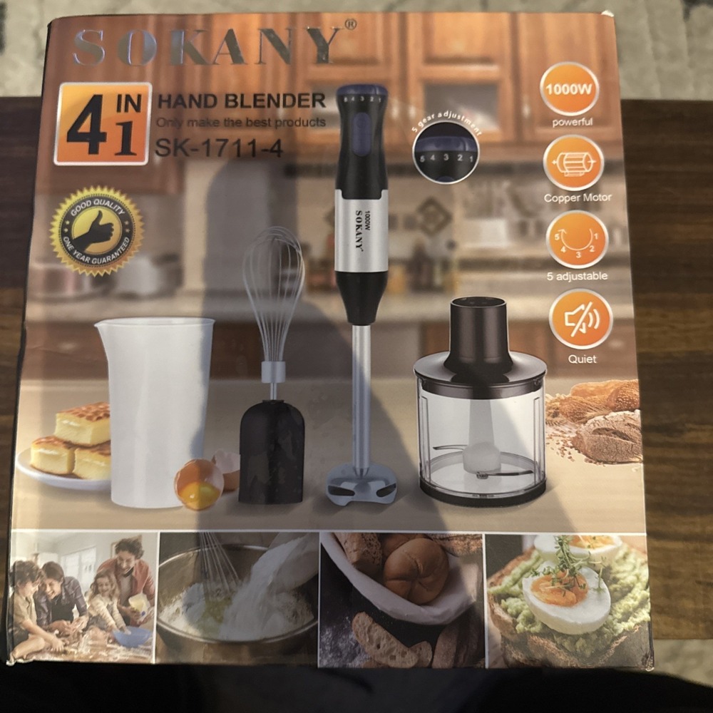 SOKANY 4-IN-1 Dishwasher Safe Hand Blender 110V, 50/60HZ, 1000w Motorboat Whisk